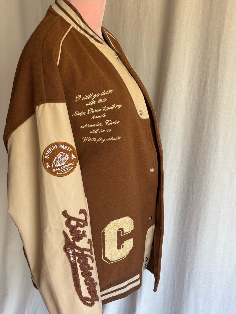 Aelfric Eden Towel Embroidery Varsity Jacket Brown Cream Oversized L - Picture 5 of 15